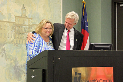 The 2018 Lientz Award winner Jilda Brown stands with Paul P. Hinchey, President & CEO of St. Joseph's/Candler.