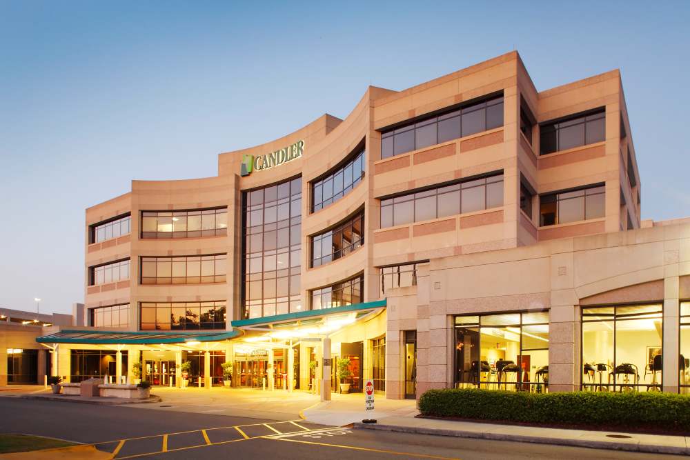 Candler Hospital exterior at dusk